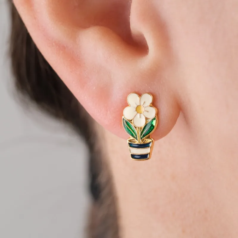 Simply Whispers Daisy In A Pot Gold Stud Earrings Hot