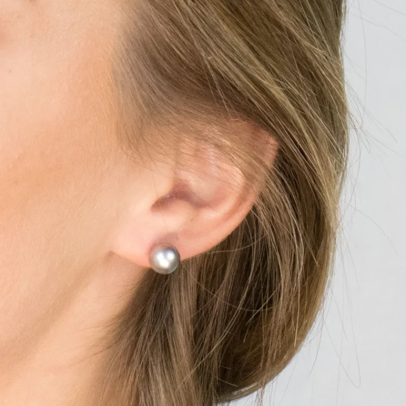Simply Whispers Gold Plated 8 mm Gray Pearl Stud Earrings Discount