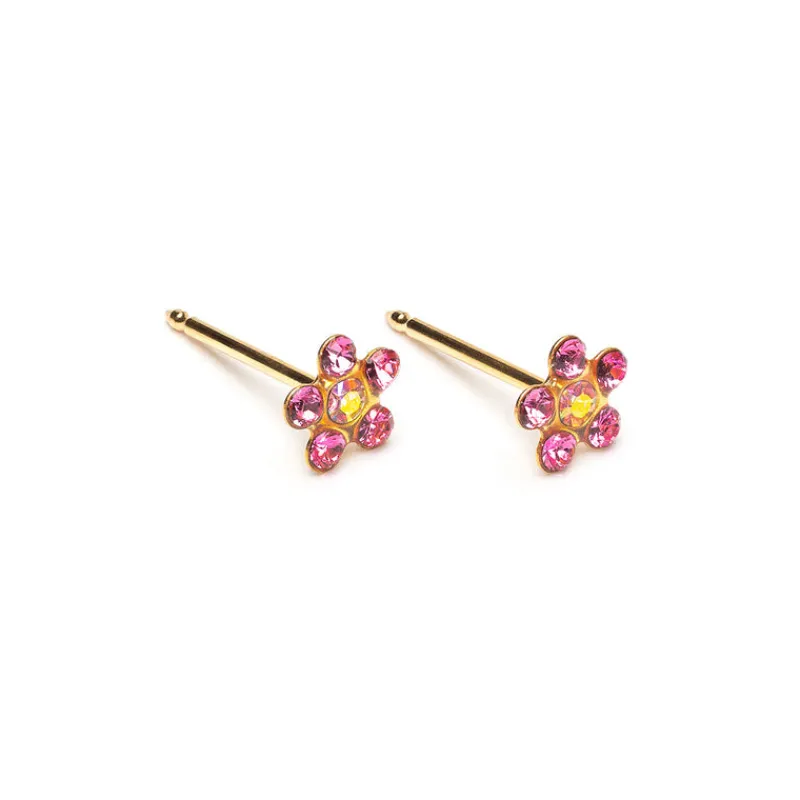 Simply Whispers 14k Yellow Gold Rainbow & Pink Daisy Earrings New