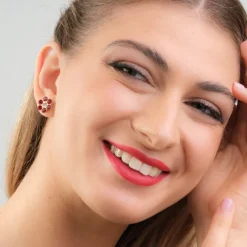 Simply Whispers Red Zirconia Flower Stud Earrings New