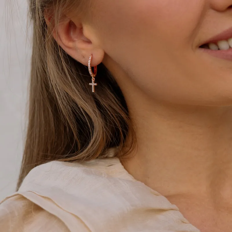Simply Whispers Rose Gold Pave Cross Hoops Online