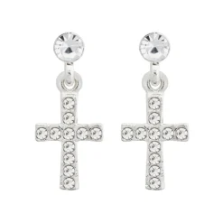 Simply Whispers Silver Crystal Cross Drop Earrings Fashion