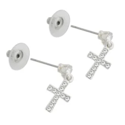Simply Whispers Silver Crystal Cross Drop Earrings Fashion