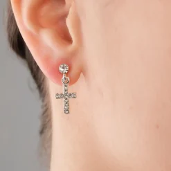 Simply Whispers Silver Crystal Cross Drop Earrings Fashion