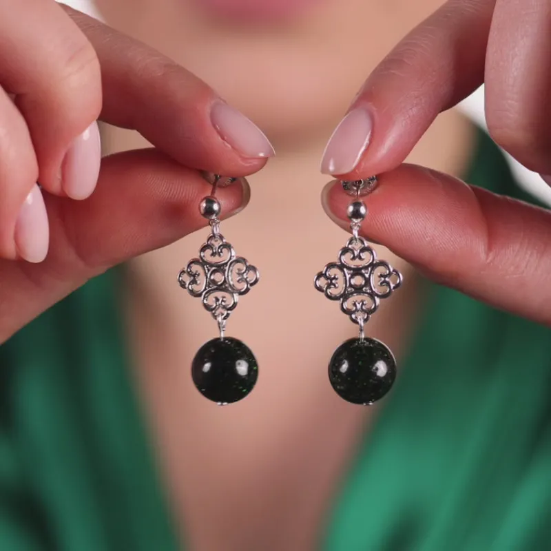 Simply Whispers Silver Four-leaf Clover Green Sandstone Drop Earrings Clearance
